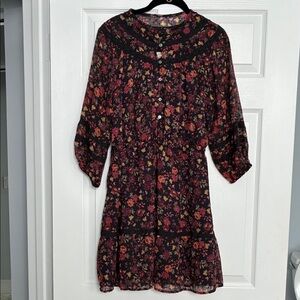 LOFT Black and Red Floral Long Sleeve Dress